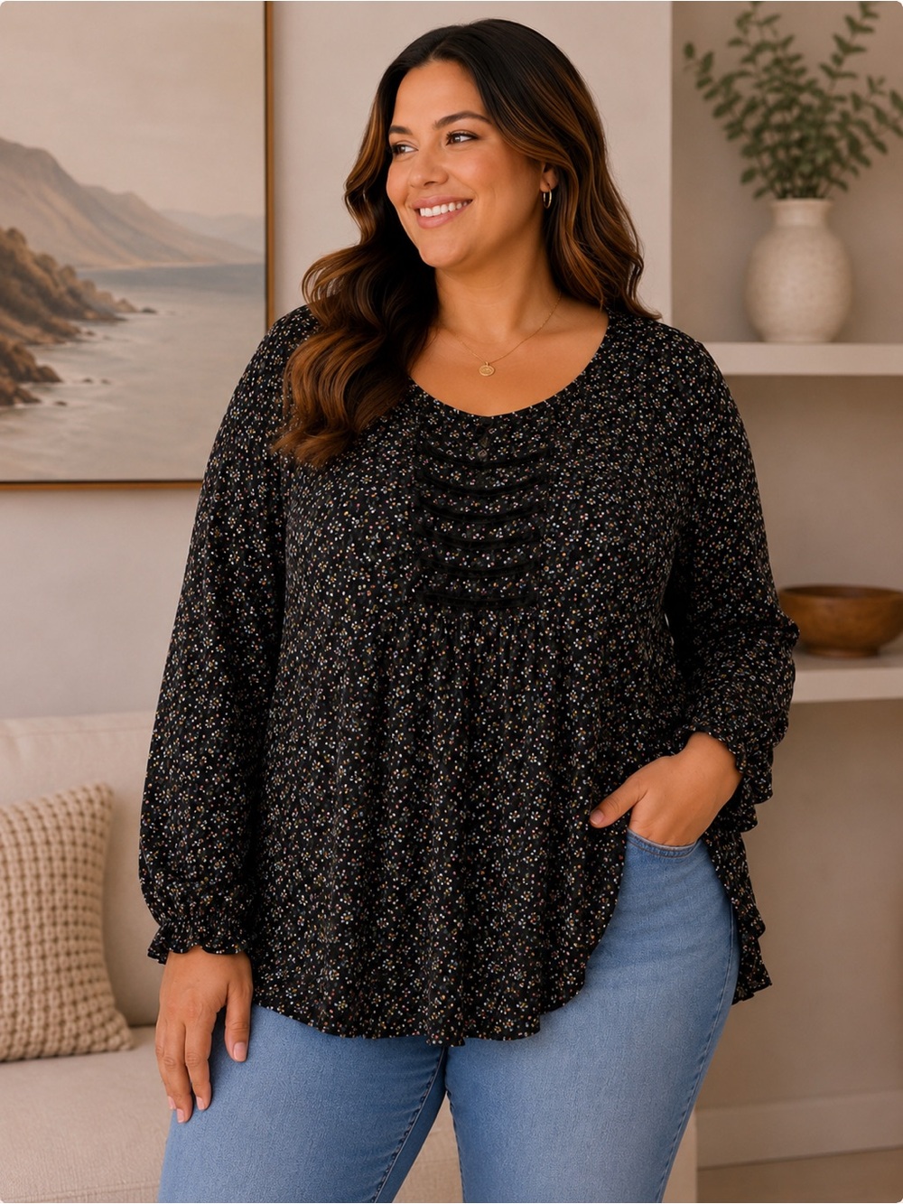 William Rast Black Floral Lace-Up Front Long Sleeve Blouse - 2X